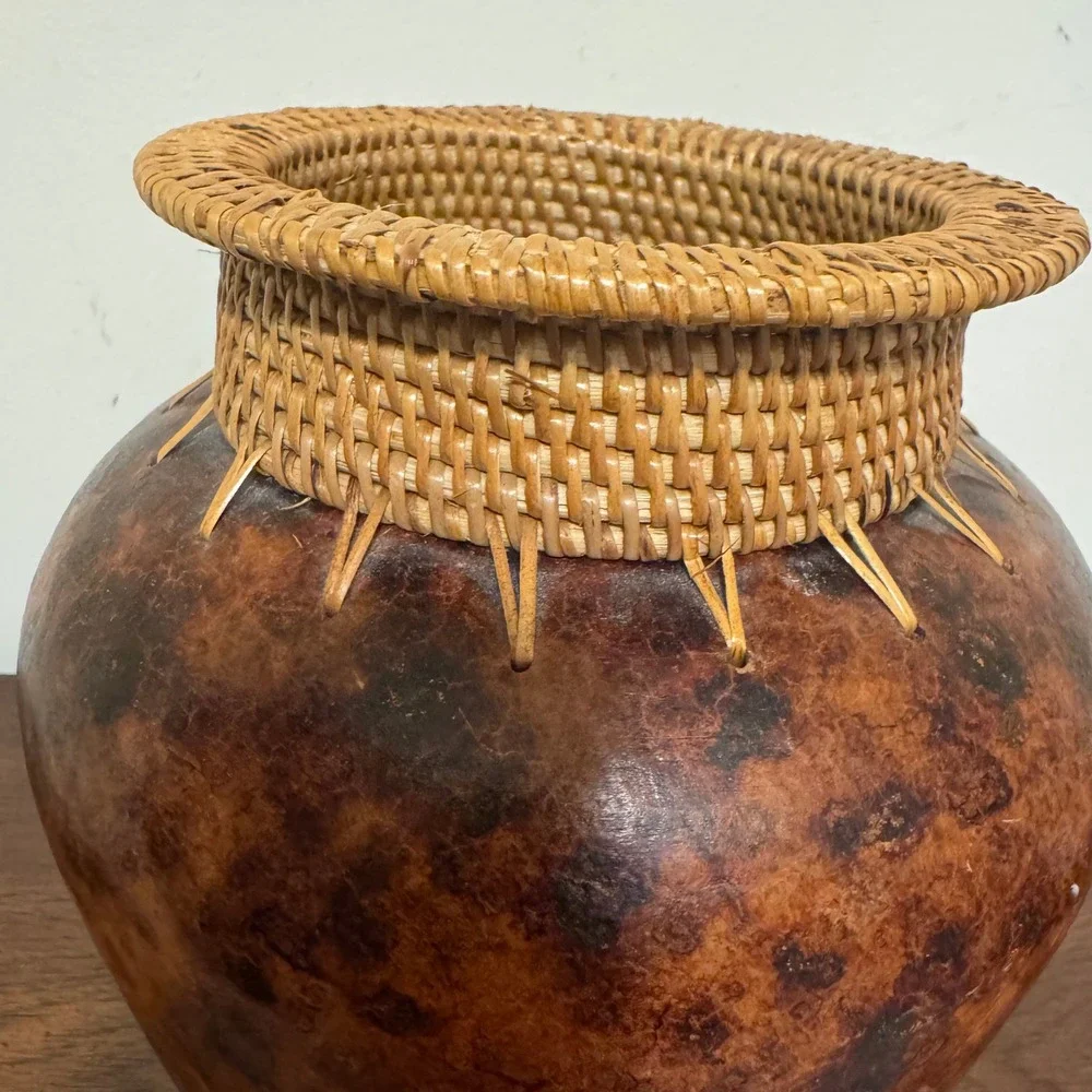 Vintage Handcrafted Rattan Woven Neck Brown Mottled Gourd Style Decorative Vase